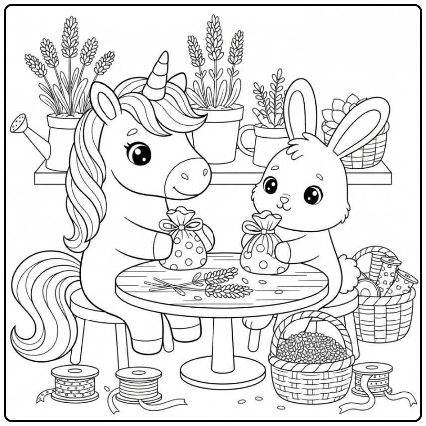 Une amie licorne et un lapin pour un Coloriage licorne et lavande.