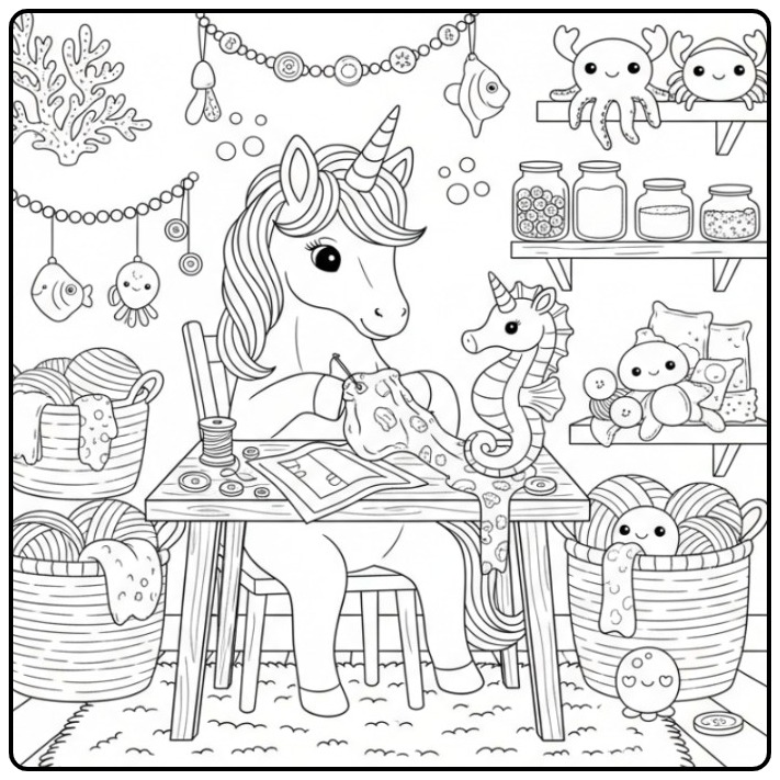 Un joli coloriage hippocampe licorne qui tricote dans un atelier.