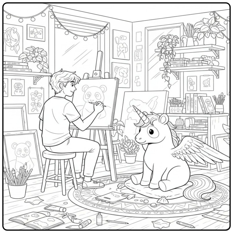 Un artiste dans son atelier avec un coloriage panda licorne.