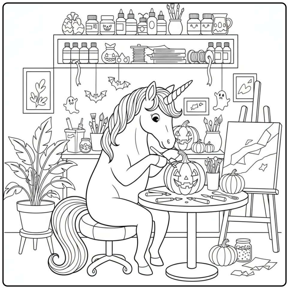 Dessin d'une licorne créative, un coloriage licorne halloween.
