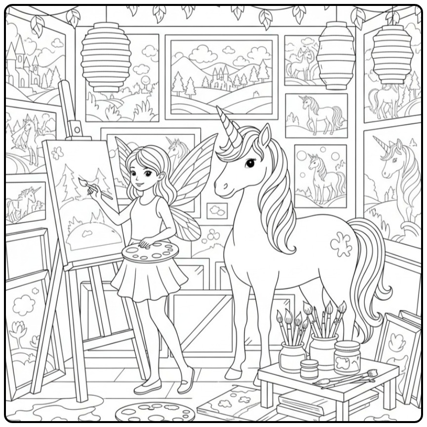 Une fée artiste dans son atelier, un coloriage fée licorne.