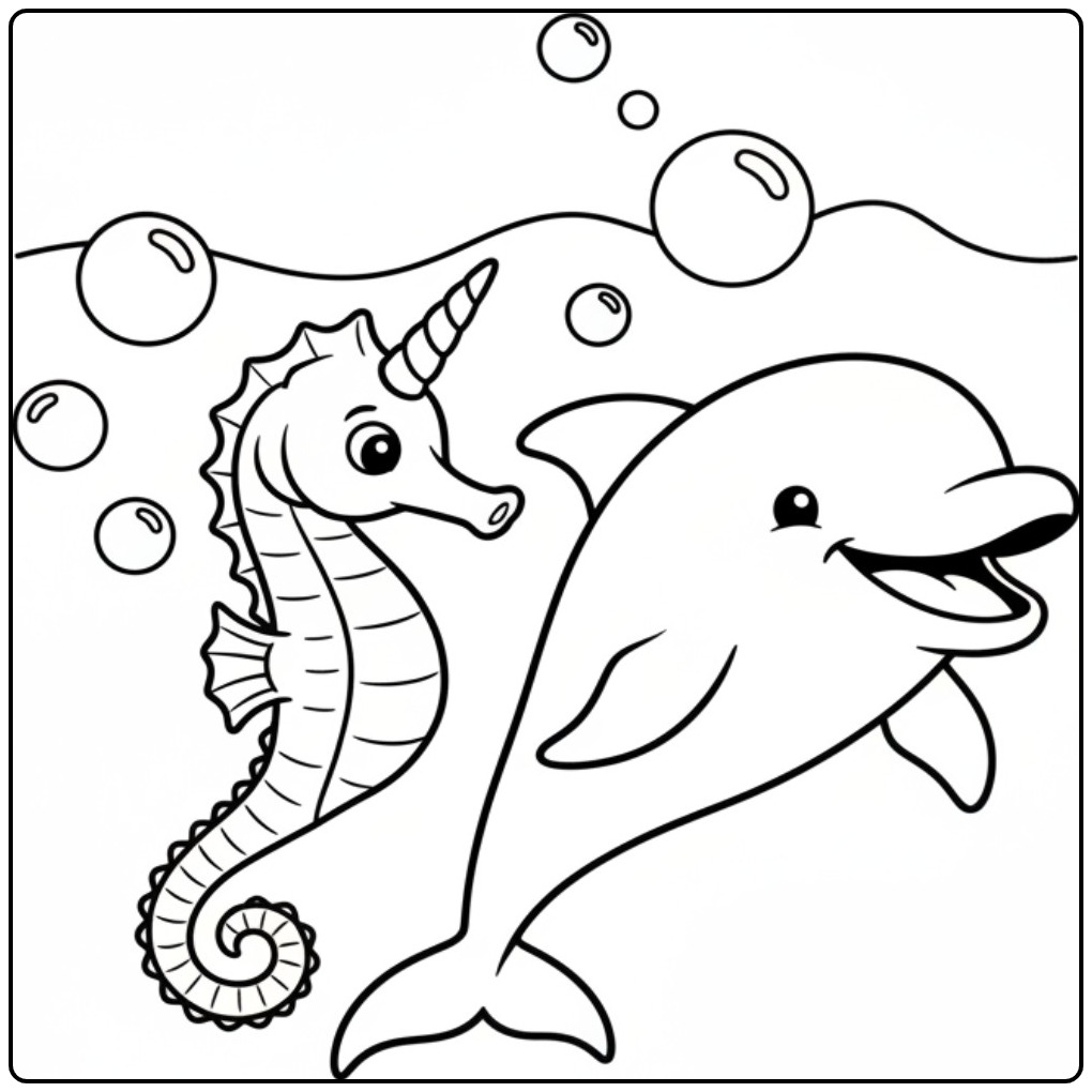 Un joyeux dauphin nage avec un coloriage hippocampe licorne.
