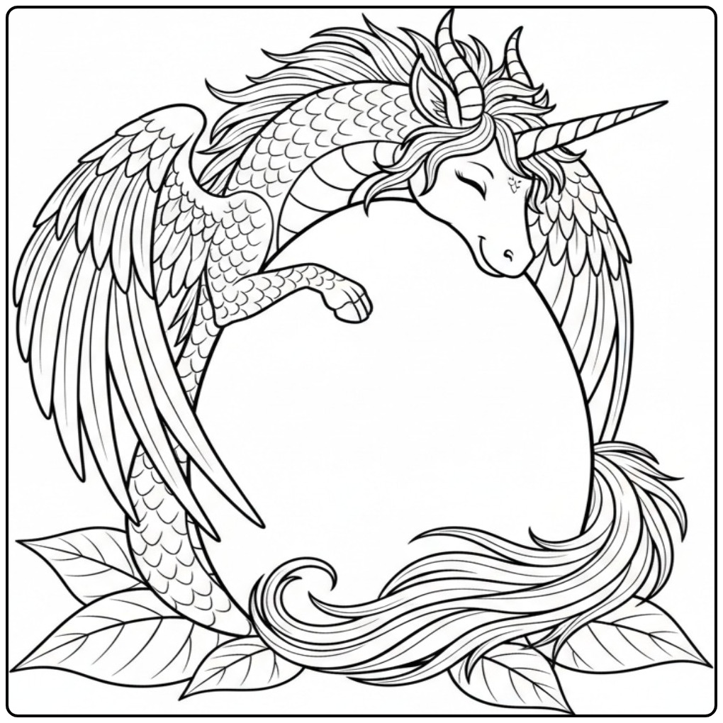 Cadre circulaire avec un fantastique coloriage dragon licorne.