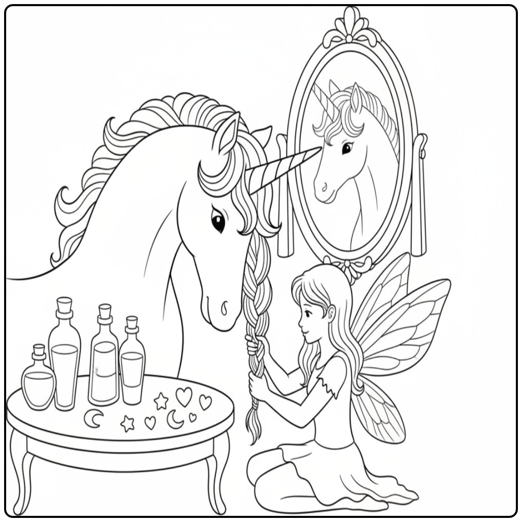 Une fée coiffant la crinière, un superbe coloriage fée licorne.
