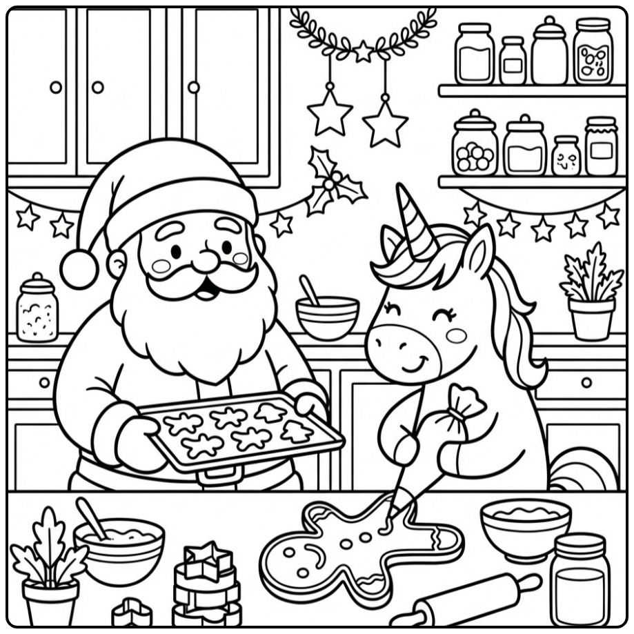 Cuisine festive Page de coloriage Licorne de Noël et Père Noël
