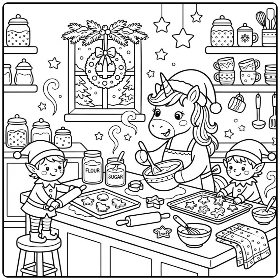 Un joyeux coloriage Licorne de Noël et Lutins de Noël en cuisine.