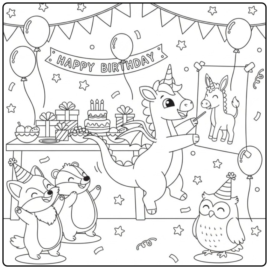 Animaux fêtant un Coloriage anniversaire dragon licorne magique.