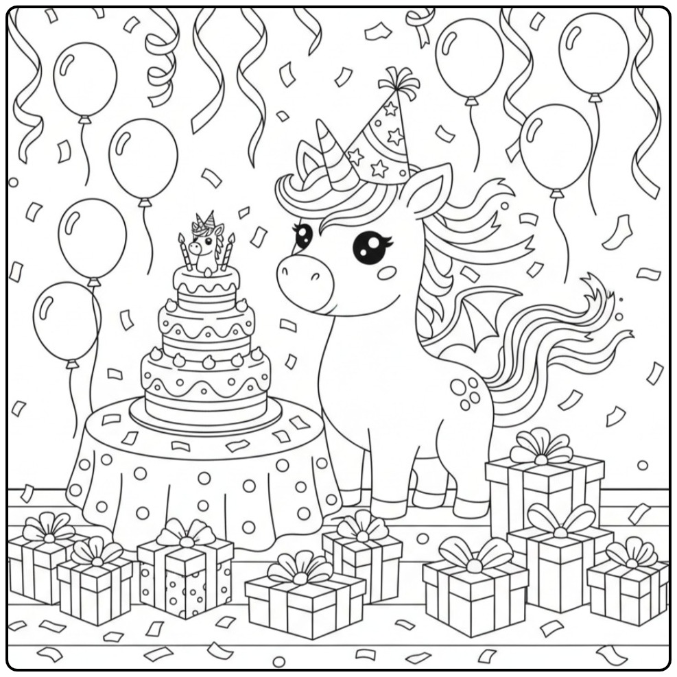 Un mignon Coloriage anniversaire dragon licorne avec cadeaux.