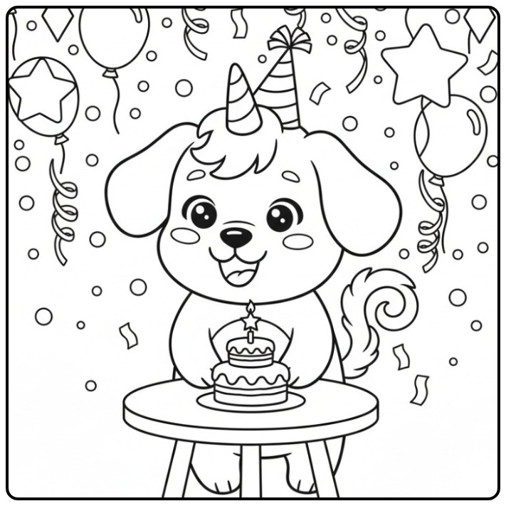 Coloriage chien licorne anniversaire, chiot joyeux, gâteau fête, ballons