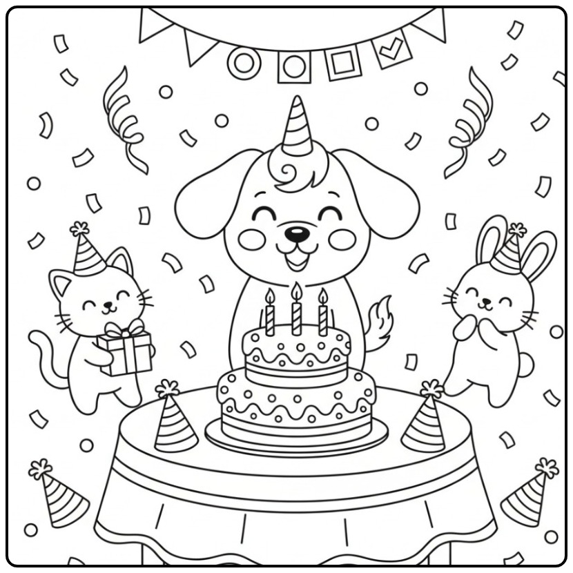 Coloriage chien licorne anniversaire, joyeuse fête avec amis et gâteau.