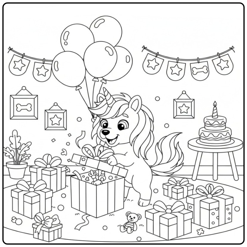 Coloriage chien licorne anniversaire joyeux ouvrant un cadeau surprise.