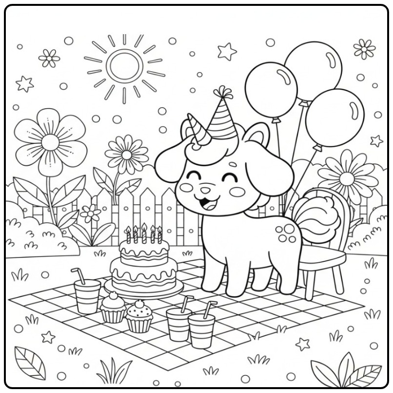 Coloriage chien licorne anniversaire, une fête surprise au jardin.
