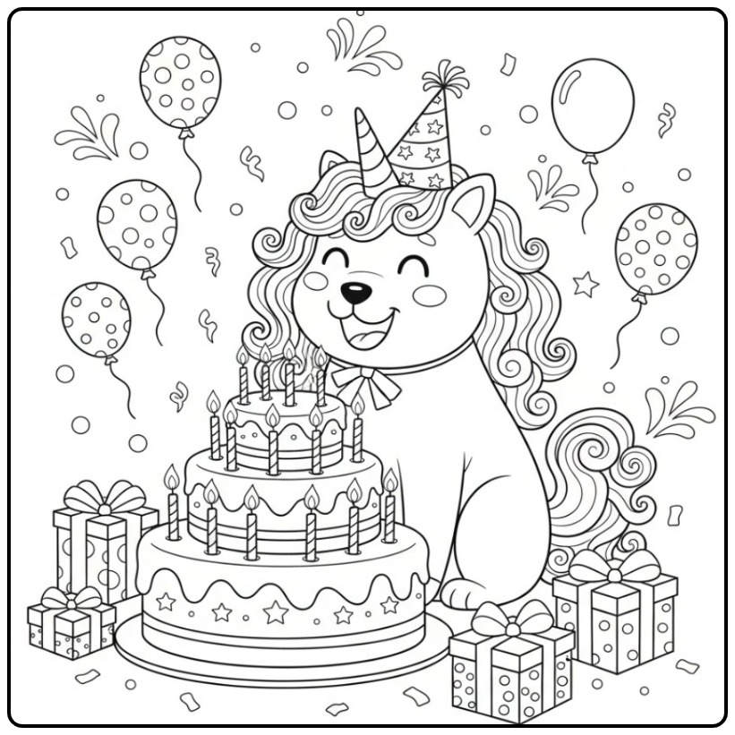 Coloriage chien licorne anniversaire avec gâteau, cadeaux et ballons.