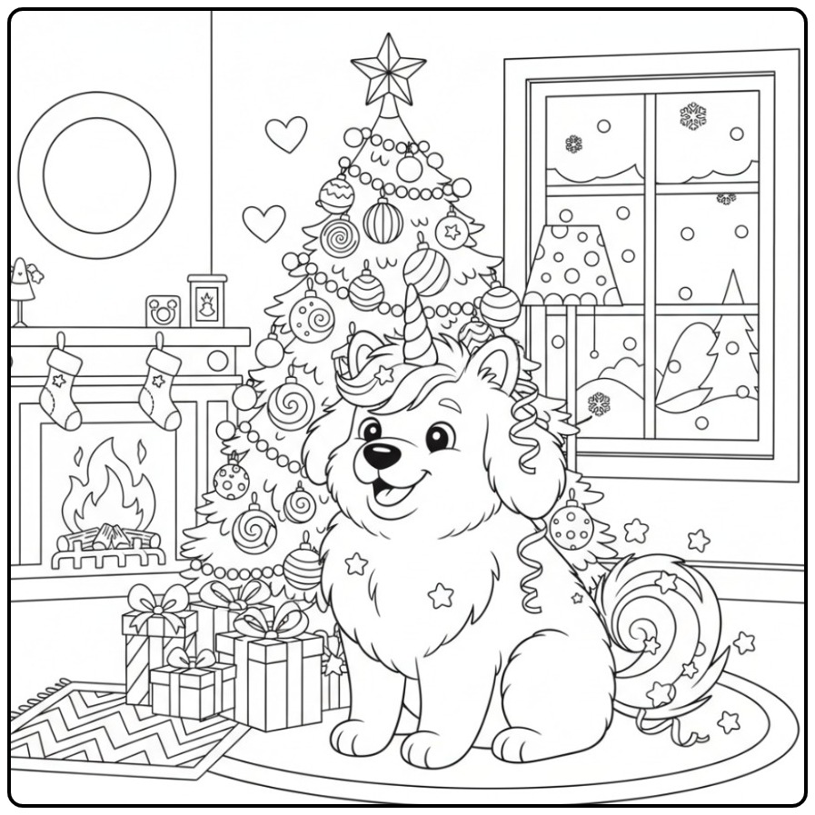 Coloriage chien licorne de Noël, joyeux devant le sapin illuminé.