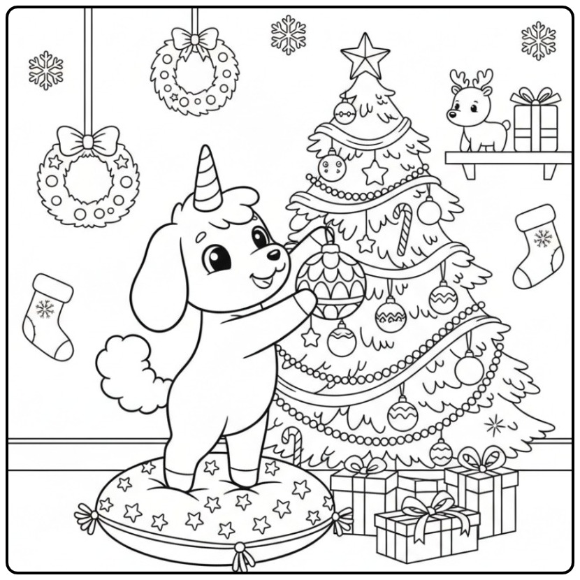 Coloriage chien licorne de Noël décorant un sapin de fête