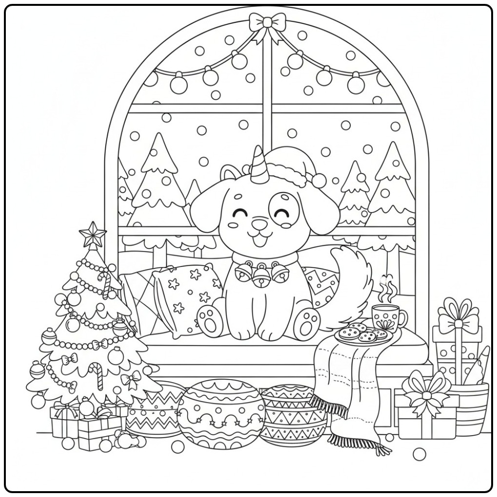 Coloriage chien licorne de Noël adorable près du sapin festif