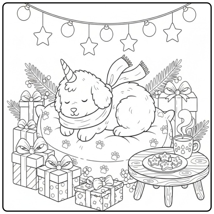 Coloriage chien licorne de Noël endormi parmi les cadeaux.