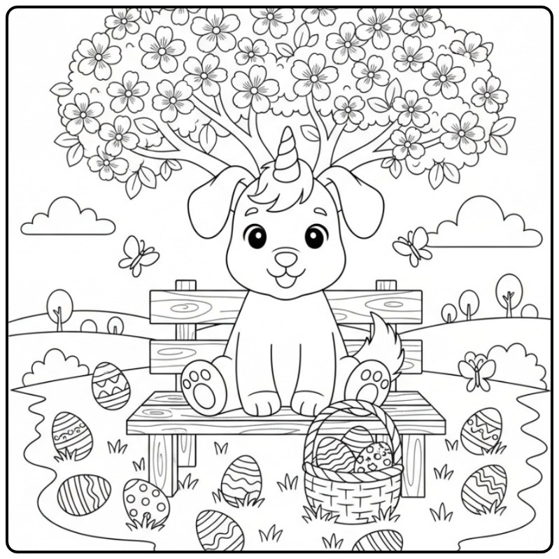 Coloriage chien licorne de Pâques: chiot, œufs, fleurs printanières.