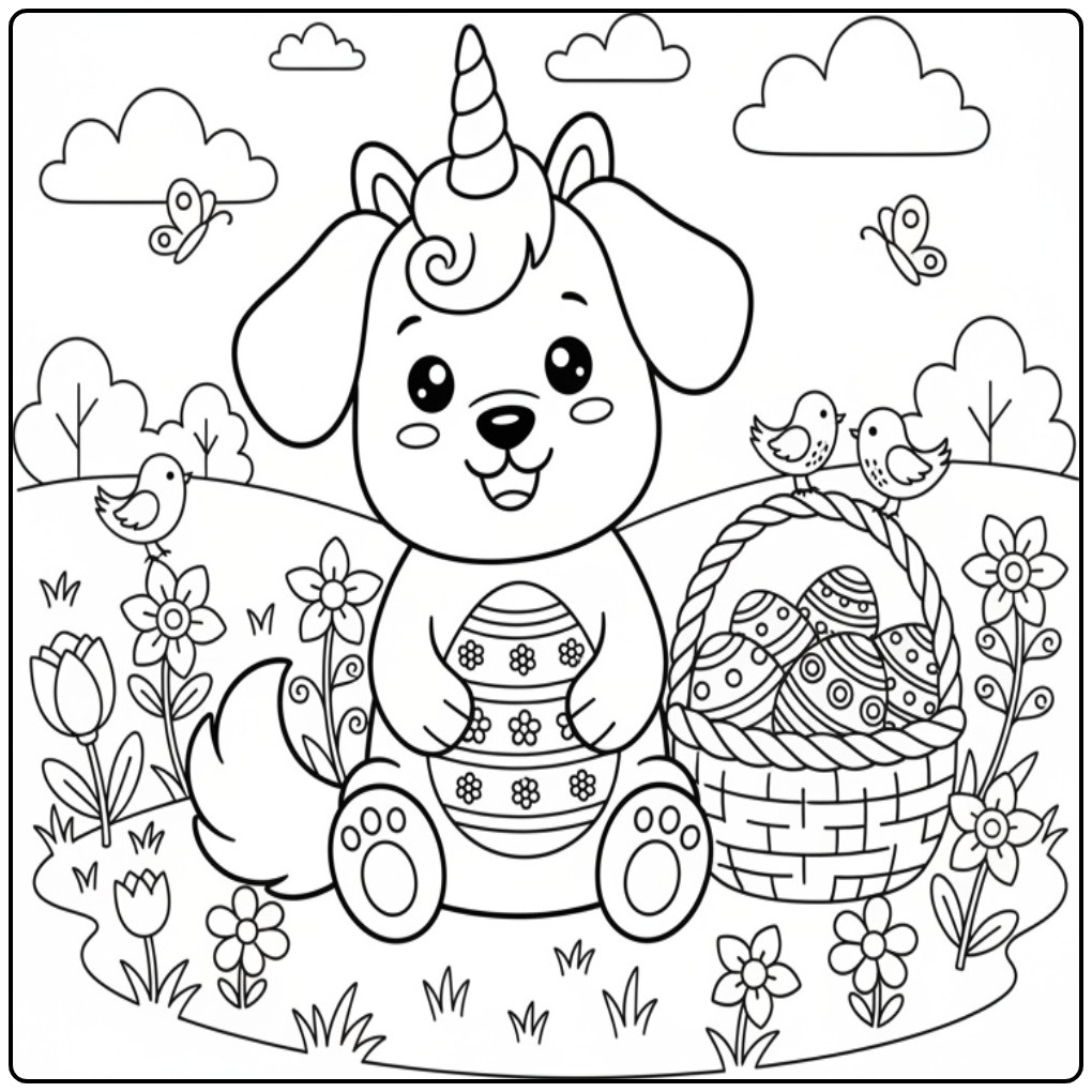 Coloriage chien licorne de Pâques, un adorable chiot avec ses œufs.