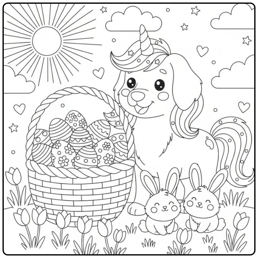 Coloriage chien licorne de Pâques, des lapins et œufs printaniers.