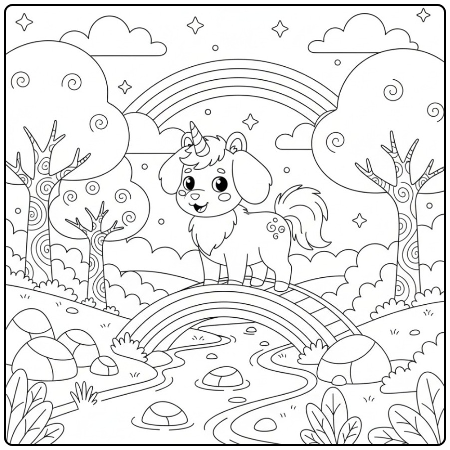 Coloriage chien licorne et arc-en-ciel, sur son pont magique