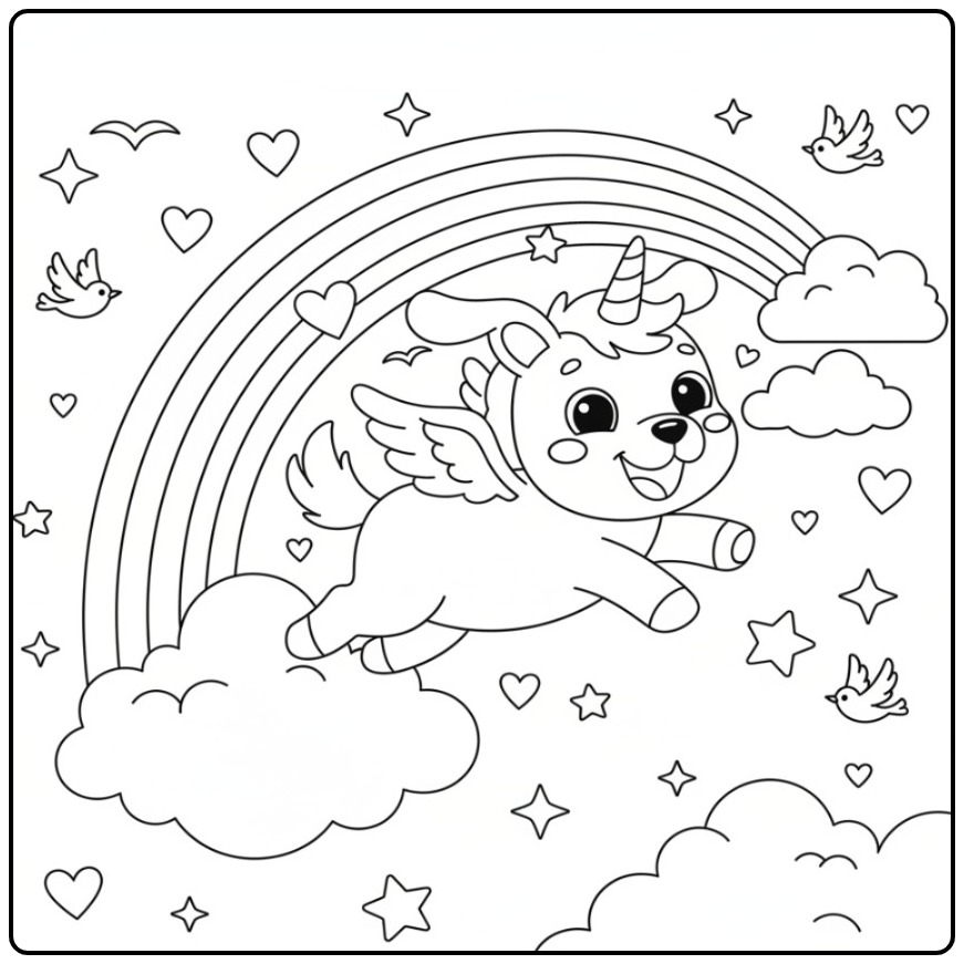 Coloriage chien licorne et arc-en-ciel: un chiot ailé souriant vole joyeusement.