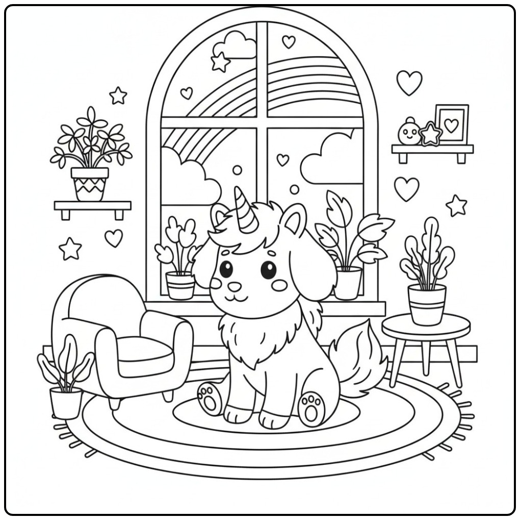 Coloriage chien licorne et arc-en-ciel pour un moment de rêve.