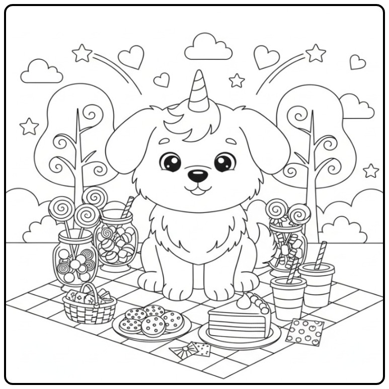 Coloriage chien licorne et bonbons: chiot magique, friandises et pique-nique.