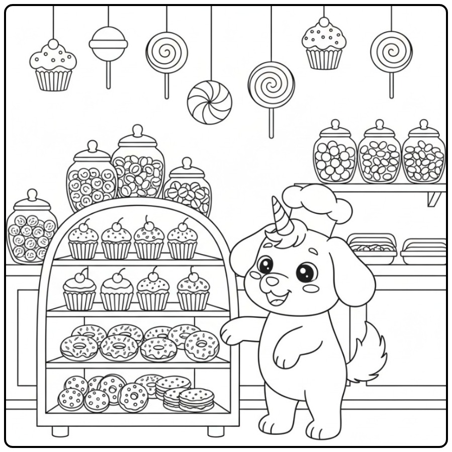 Coloriage chien licorne et bonbons dans sa pâtisserie rêvée.
