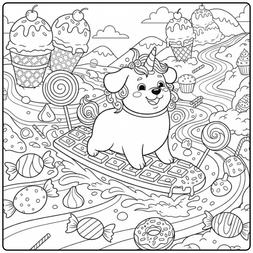 Coloriage chien licorne et bonbons: chiot licorne surfe, un rêve sucré.