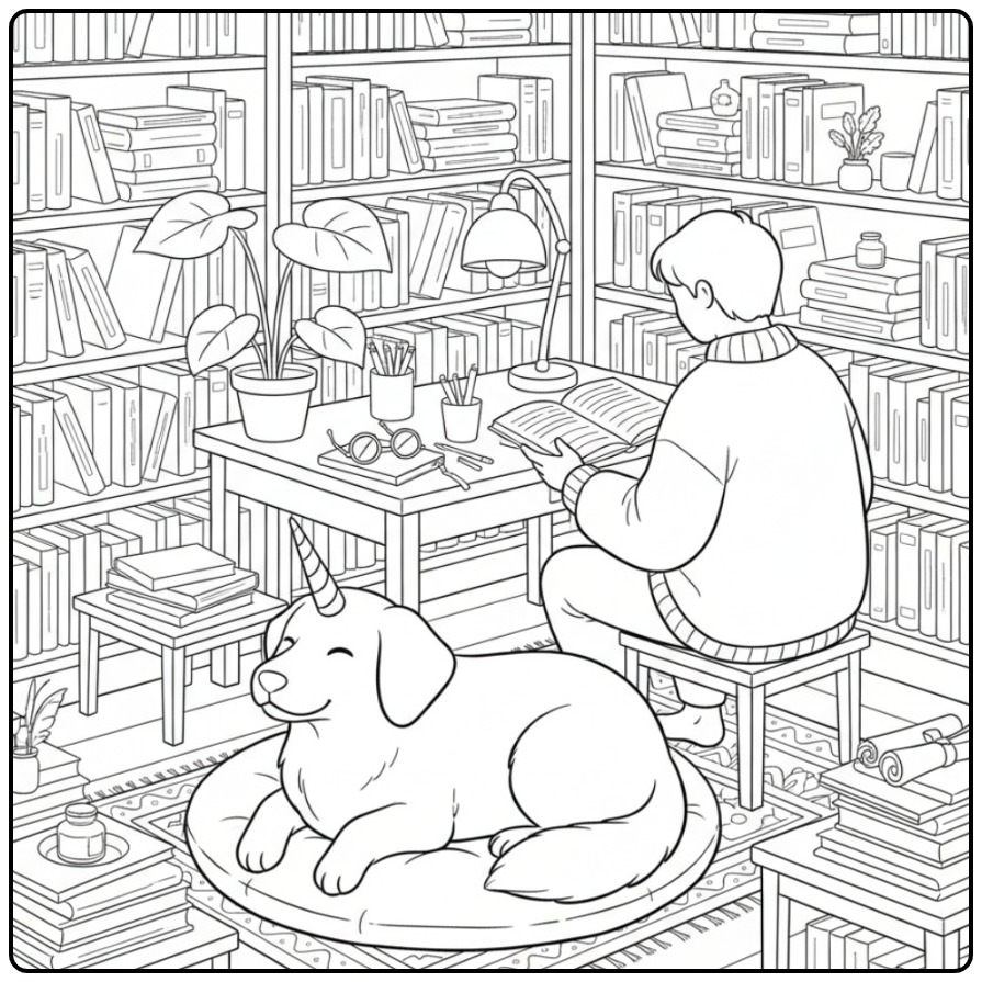 Un adorable coloriage chien licorne dans une bibliothèque.