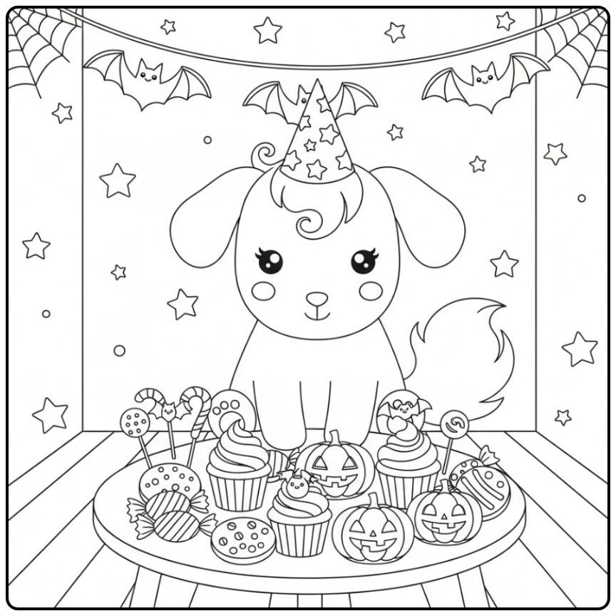 Coloriage chien licorne Halloween: chiot licorne entouré de gâteries.