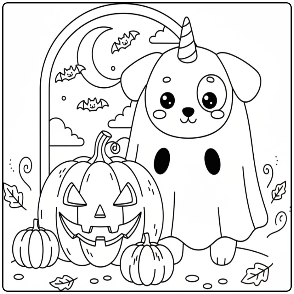 Coloriage chien licorne Halloween, fantôme mignon et citrouilles joyeuses.