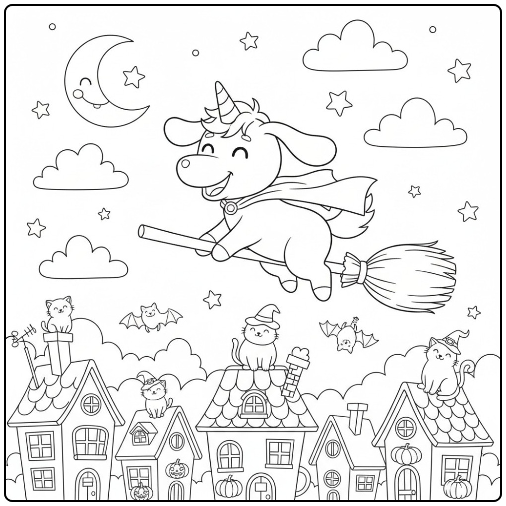 Coloriage chien licorne Halloween, vol magique au-dessus des toits.