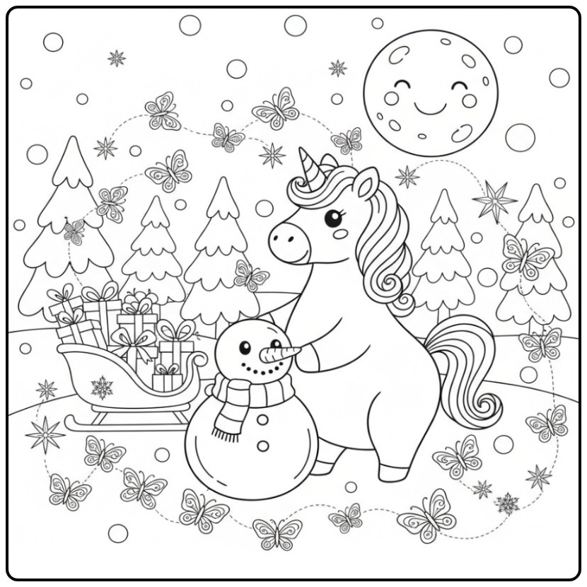 Scène d'hiver Coloriage de Noël licorne papillon à imprimer.