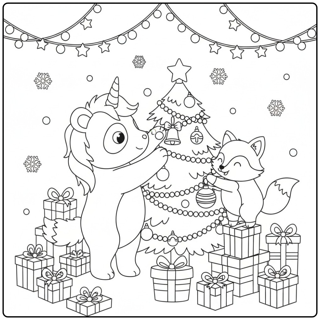 Un mignon Coloriage de Noël panda licorne et son ami renard.