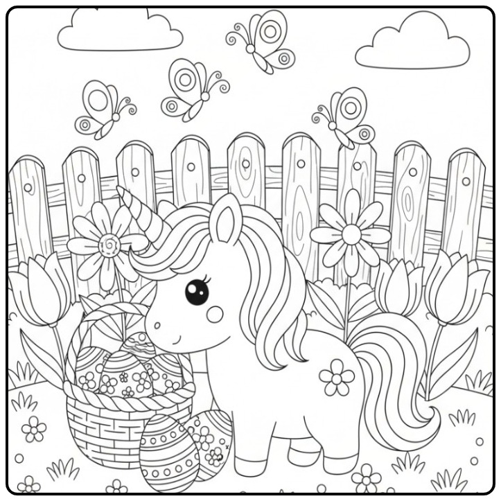 Joli Coloriage de Pâques licorne papillon dans un jardin fleuri.