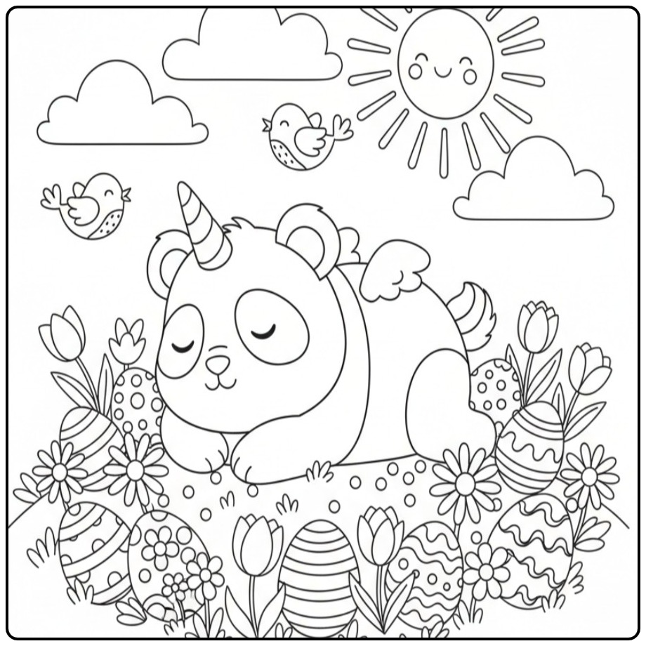 Un mignon Coloriage de Pâques panda licorne qui dort au soleil.