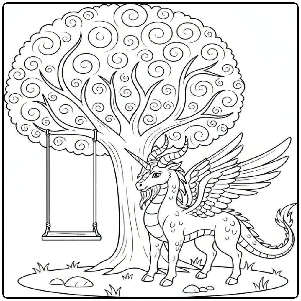 Un coloriage dragon licorne magique avec un arbre et une balançoire.
