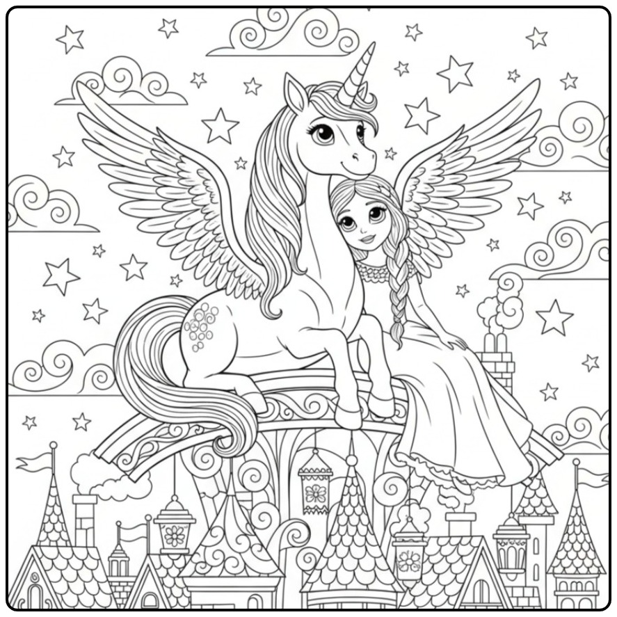 Coloriage dragon licorne et princesse sur un arc-en-ciel.