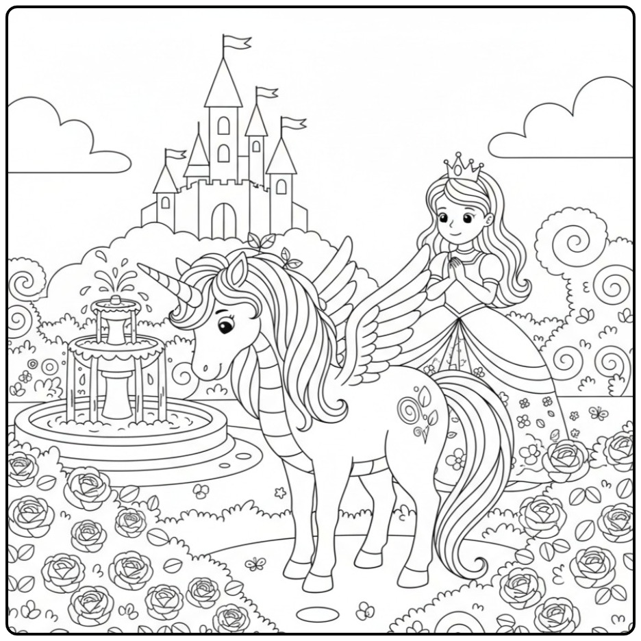 Jolie scène de conte de fées. Coloriage dragon licorne et princesse.