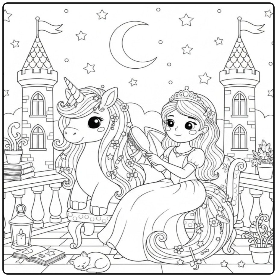 Un Coloriage dragon licorne et princesse sur un balcon de château.