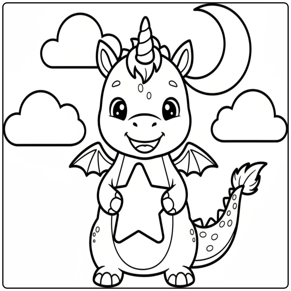 Un mignon bébé pour un coloriage dragon licorne souriant.