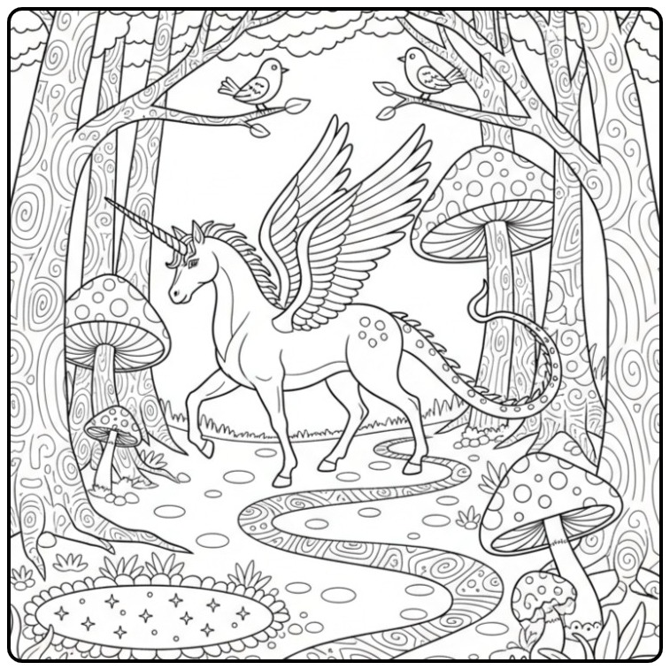 Joli coloriage dragon licorne dans une forêt enchantée.