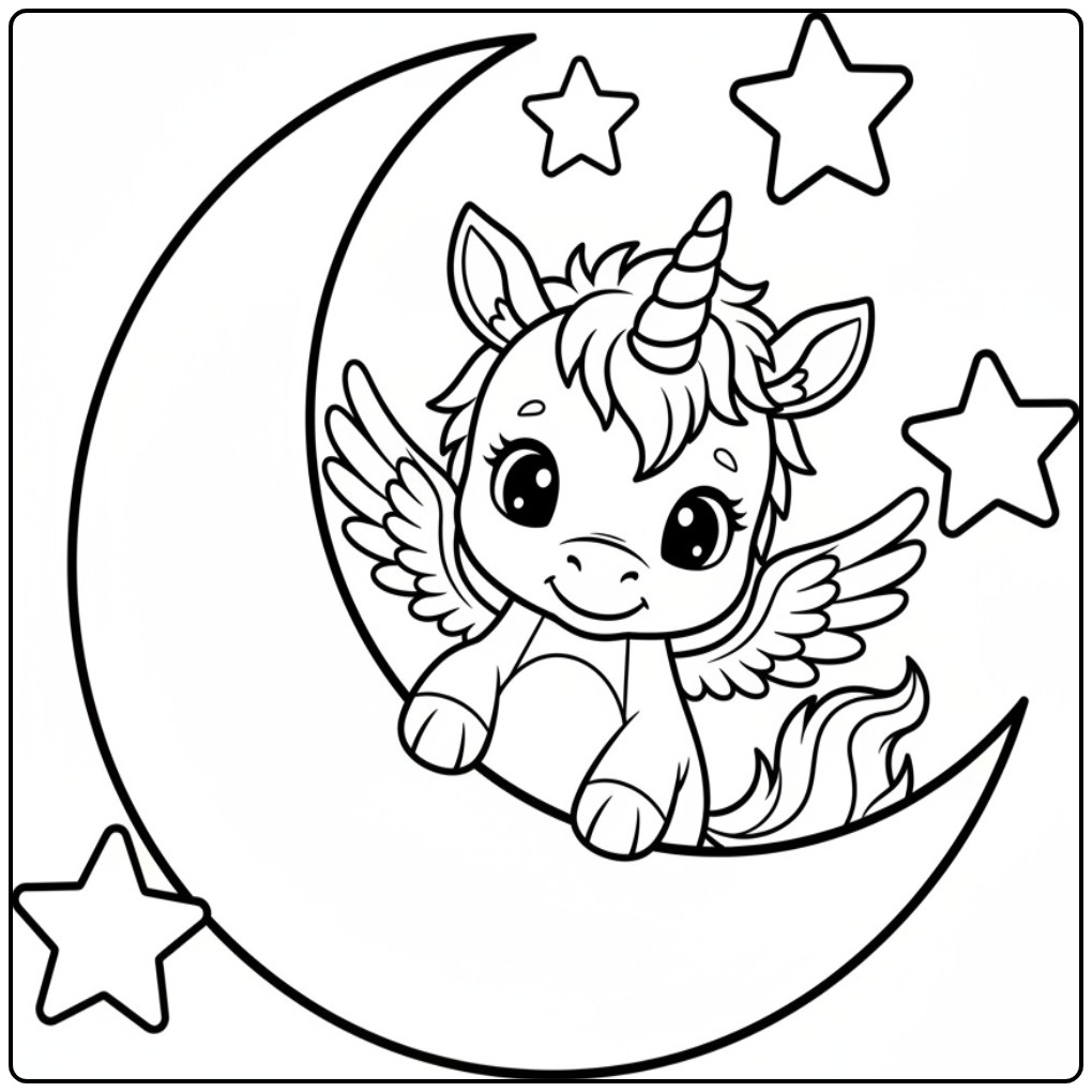 Adorable bébé licorne ailée, un coloriage dragon licorne.