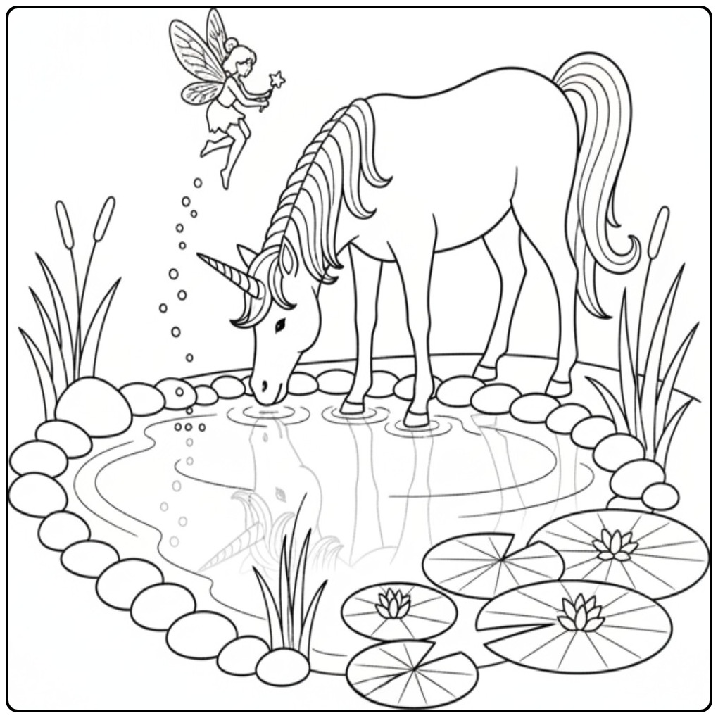 Un joli coloriage fée licorne au bord d'un étang enchanté.