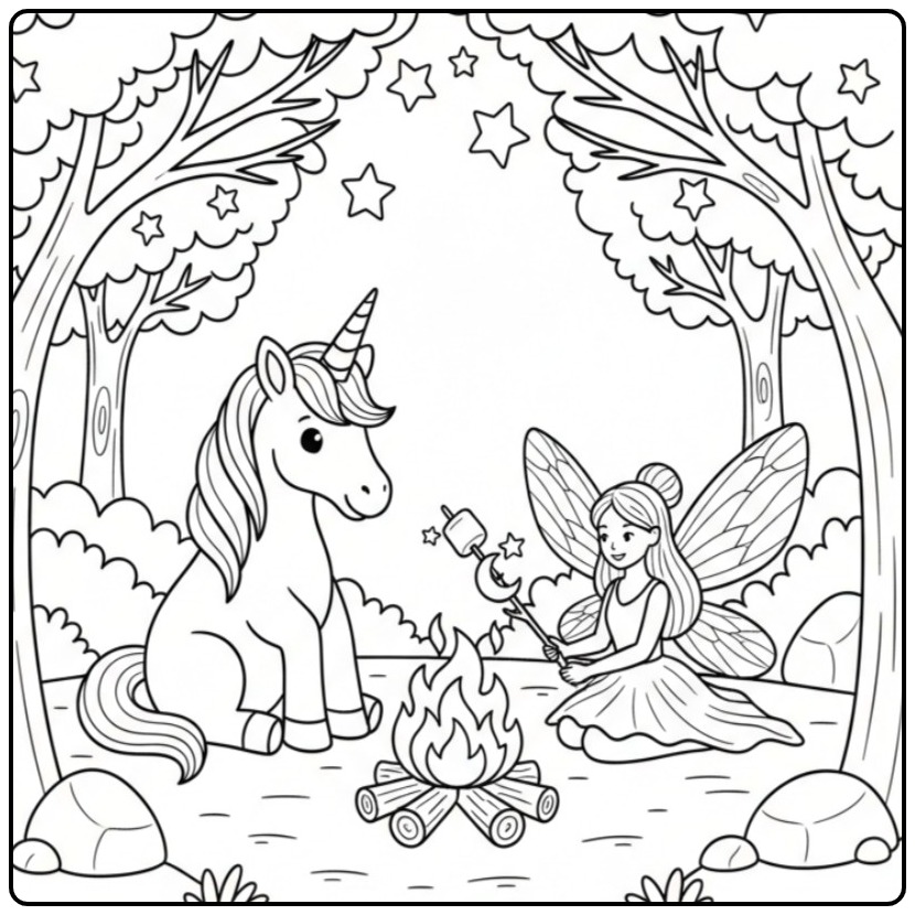 Un joli coloriage fée licorne campant dans la forêt étoilée.