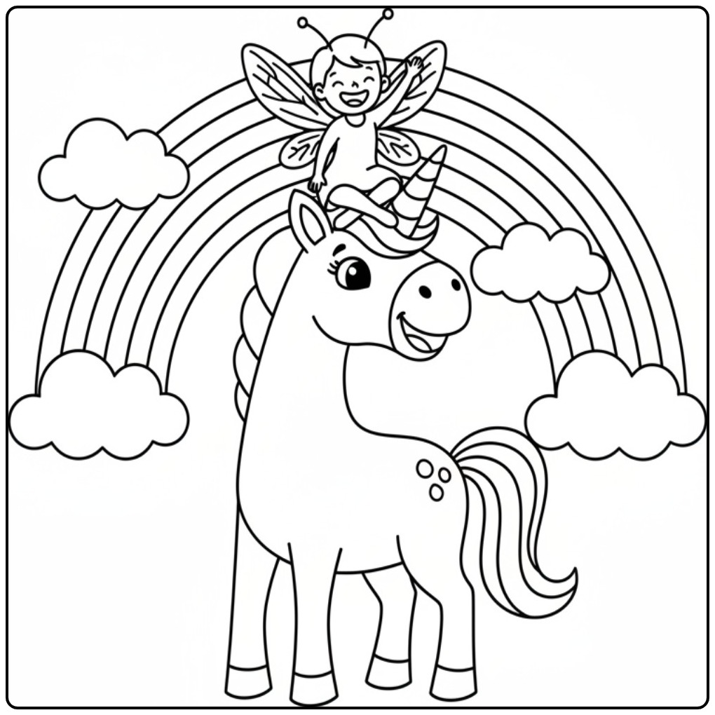 Joli dessin de coloriage fée licorne sous un arc-en-ciel.