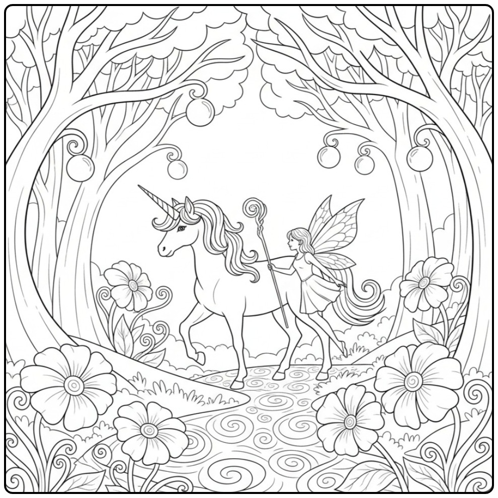 Un joli coloriage fée licorne se promenant dans une forêt.
