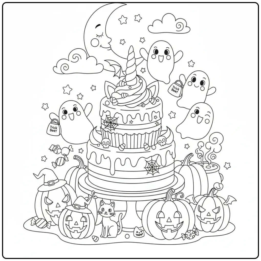 Joli Coloriage gateau Halloween licorne avec fantômes et lune.